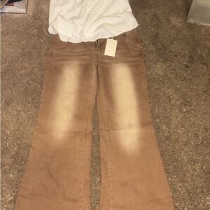 Tan Flare Wide Leg Jeans with Washed Finish